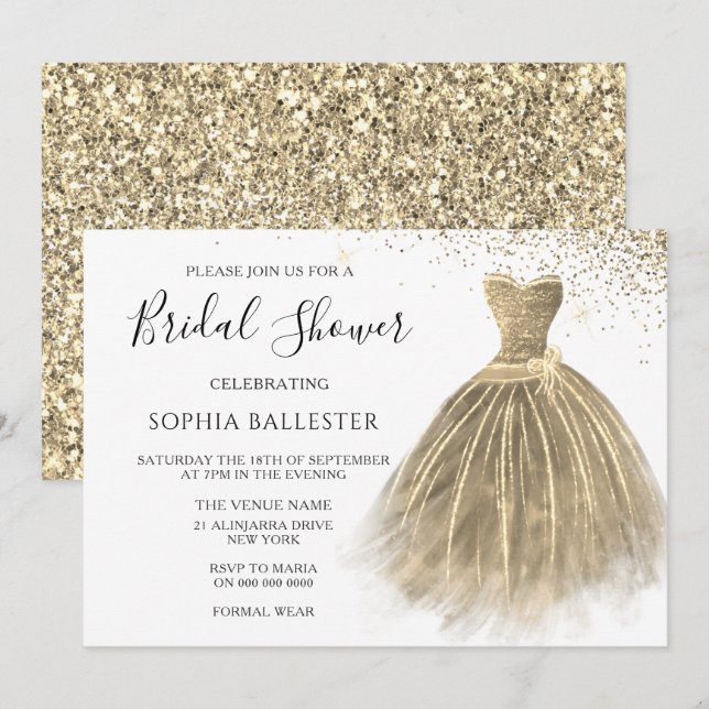 Golden Sepia Gold Glitter Gown Dress Bridal Shower Invitation (Front/Back)