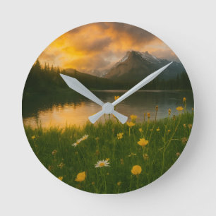 Golden Serenity: Mountain Lake  Round Clock