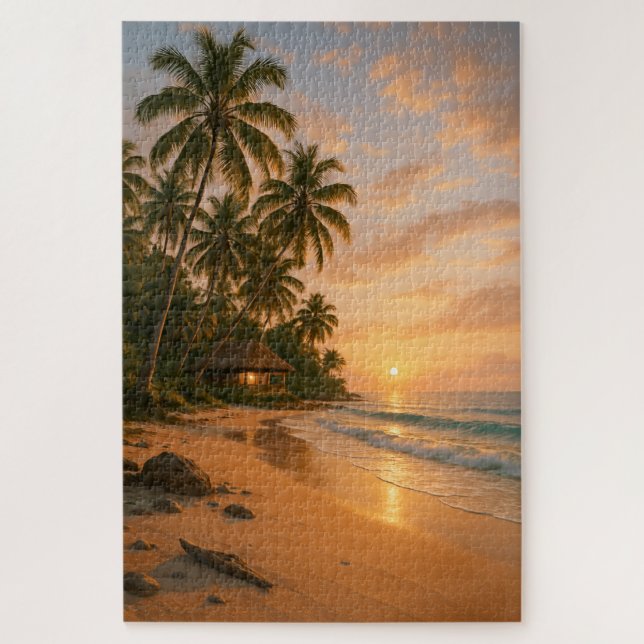 Golden Serenity – Tropical Beach Sunset Puzzle (Vertical)