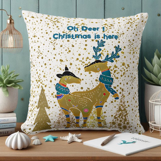 Golden Shine Christmas Trees Reindeer Couple Baby Cushion (Golden Shine Christmas Trees Reindeer Couple Baby Throw Pillow)