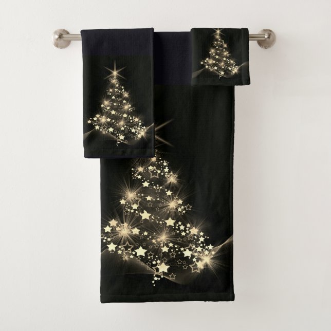 Golden Shine of Stars on Christmas Tree Dark  Bath Towel Set (Insitu)