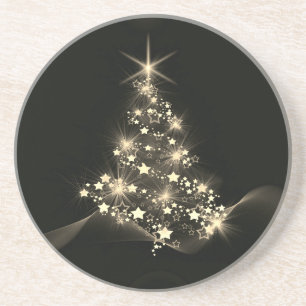 Golden Shine of Stars on Christmas Tree Dark Coaster