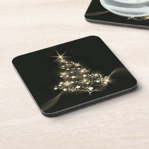 Golden Shine of Stars on Christmas Tree Dark Coaster