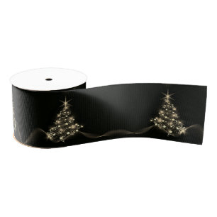 Golden Shine of Stars on Christmas Tree Dark  Grosgrain Ribbon