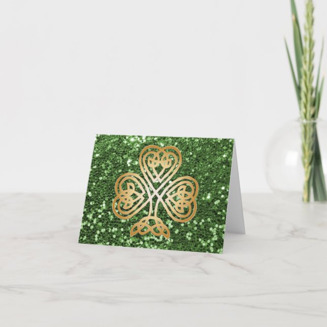 Golden Shining Celtic Shamrock Green Faux Glitter Card (Front)