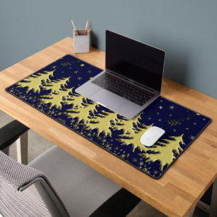 Golden shiny Christmas tree on Stars Blue Sky Desk Mat