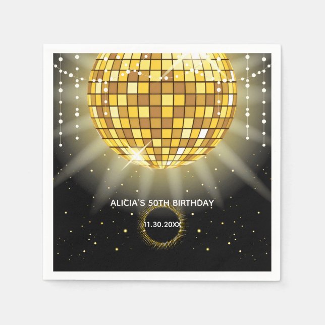 Golden Shiny Disco Ball Black Birthday Napkin (Front)
