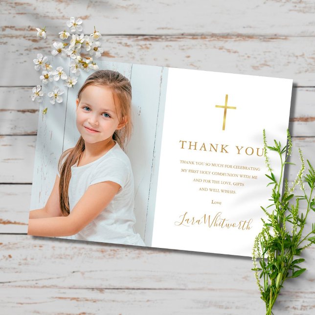 Golden Signature Photo First Holy Communion Thank You Card (Creator Uploaded)