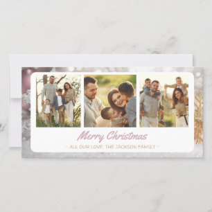 Golden Silver Baby Pink Snowflake 3 Photo Collage Holiday Card
