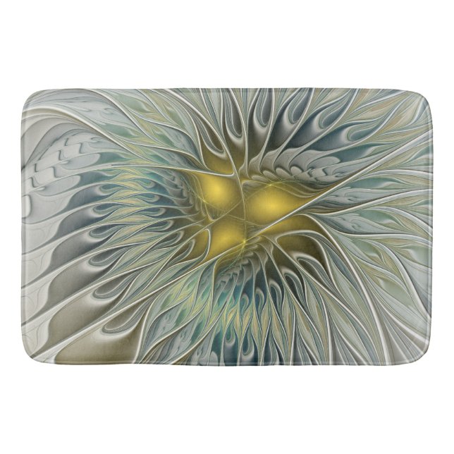 Golden Silver Flower Fantasy abstract Fractal Art Bath Mat (Front)