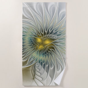 Golden Silver Flower Fantasy abstract Fractal Art Beach Towel
