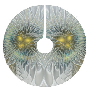 Golden Silver Flower Fantasy Abstract Fractal Art Brushed Polyester Tree Skirt