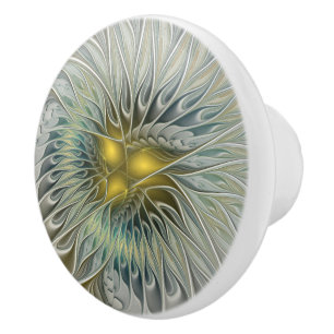 Golden Silver Flower Fantasy abstract Fractal Art Ceramic Knob
