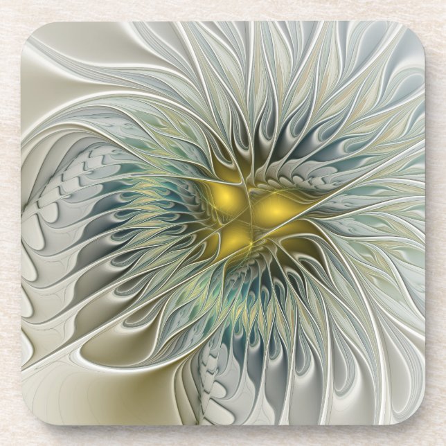 Golden Silver Flower Fantasy Abstract Fractal Art Coaster (Front)