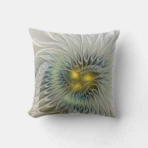 Golden Silver Flower Fantasy abstract Fractal Art Cushion