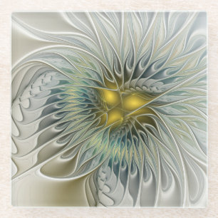 Golden Silver Flower Fantasy Abstract Fractal Art Glass Coaster