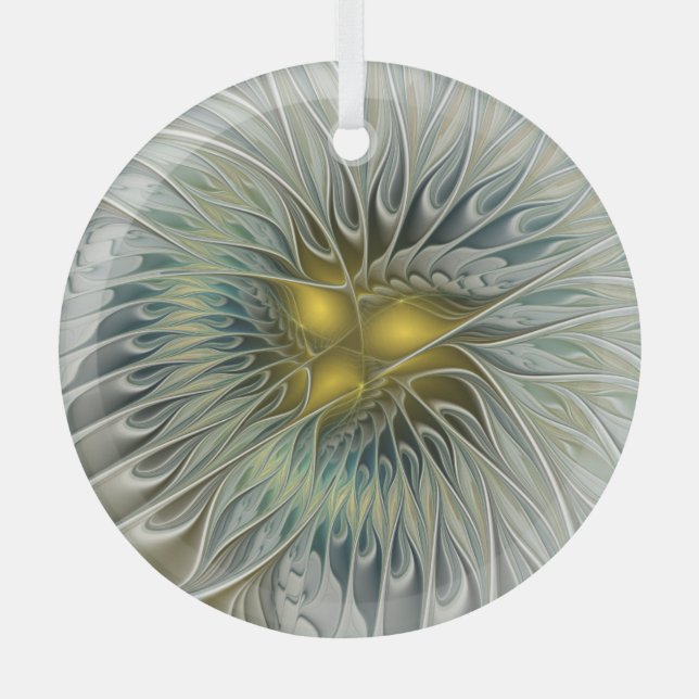 Golden Silver Flower Fantasy Abstract Fractal Art Glass Tree Decoration (Front)