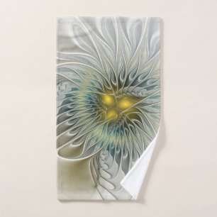 Golden Silver Flower Fantasy abstract Fractal Art Hand Towel