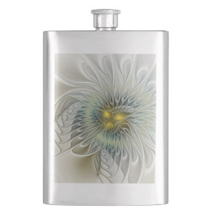 Golden Silver Flower Fantasy Abstract Fractal Art Hip Flask