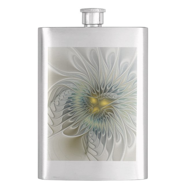 Golden Silver Flower Fantasy Abstract Fractal Art Hip Flask (Front)