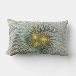 Golden Silver Flower Fantasy abstract Fractal Art Lumbar Cushion