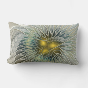 Golden Silver Flower Fantasy abstract Fractal Art Lumbar Cushion