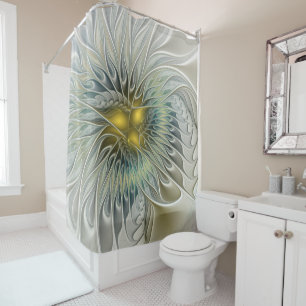 Golden Silver Flower Fantasy abstract Fractal Art Shower Curtain