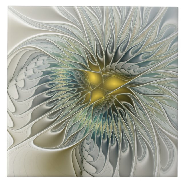 Golden Silver Flower Fantasy Abstract Fractal Art Tile (Front)