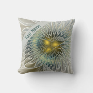 Golden Silver Flower Fantasy Abstract Fractal Name Cushion