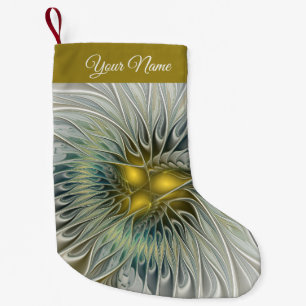 Golden Silver Flower Fantasy Abstract Fractal Name Small Christmas Stocking