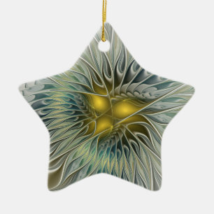 Golden Silver Flower Fantasy Abstract Fractal Star Ceramic Tree Decoration