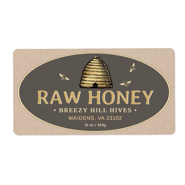 Golden Skep Honeybees Raw Honey Label Kraft Brown (Front)