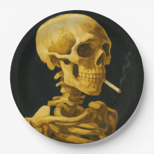 Golden Skull Smoking – Unique Van Gogh Inspired Paper Plate