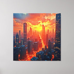 Golden Skyline: Radiant City Sunset Art Canvas Print