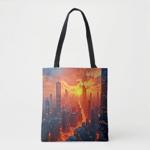 Golden Skyline: Radiant City Sunset Art Tote Bag