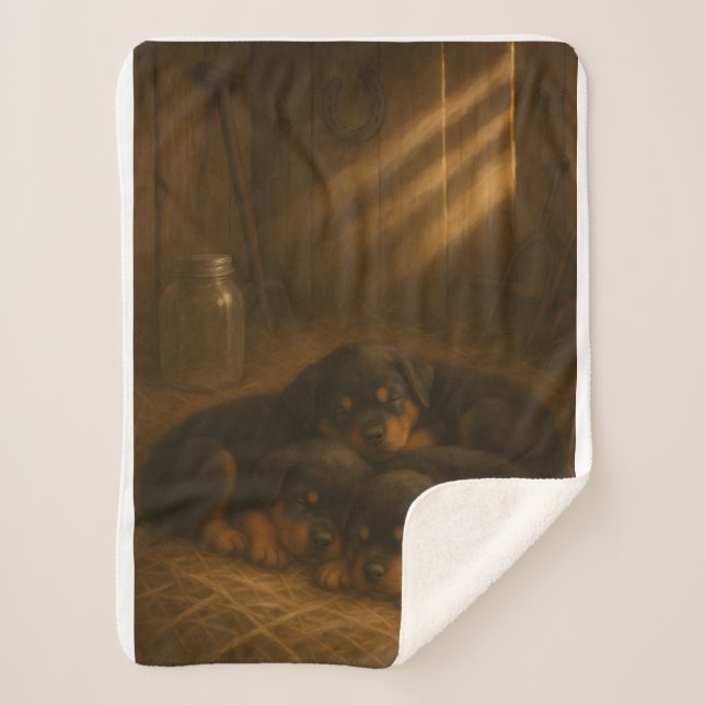 Golden Slumber: Rottweiler Puppies in the Barn Dog Sherpa Blanket (Front)