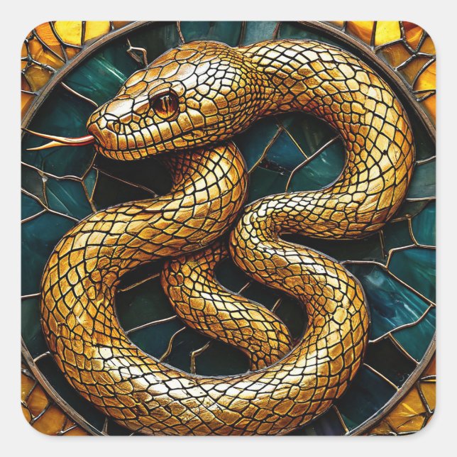 Golden snake stained glass square sticker (Front)