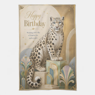 Golden Snow Leopard Birthday Elegance Tea Towel
