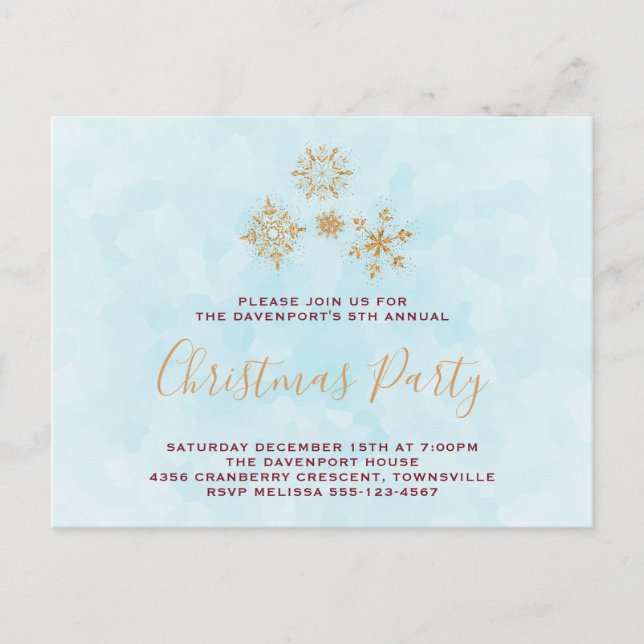 Golden Snowflake Crystals on Frosty Blue Invite Postcard (Front)