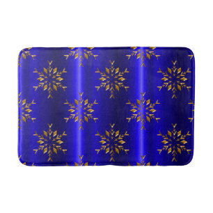 Golden Snowflake on Blue Christmas Bath Mat