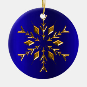 Golden Snowflake on Blue Christmas Ceramic Tree Decoration