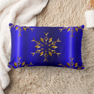 Golden Snowflake on Blue Christmas Lumbar Cushion