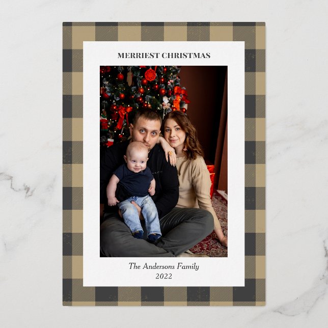 Golden Snowflake Plaid Border Christmas Photo (Front)