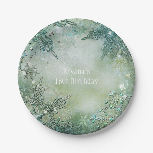 Golden Snowflake Winter Wonderland Elegant Party Paper Plate (Front)