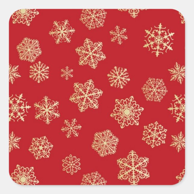 Golden snowflakes against deep red square sticker (Front)