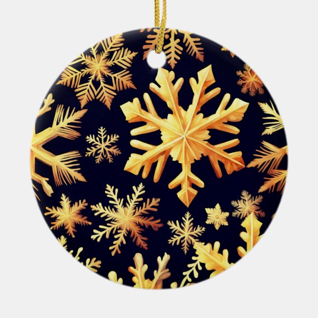 Golden Snowflakes and black background colour Ceramic Tree Decoration (Front)