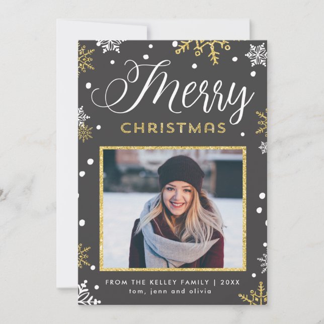 Golden Snowflakes Christmas Newsletter Photo Holiday Card (Front)