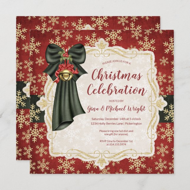 Golden Snowflakes Christmas Poem Party Invitation (Front/Back)