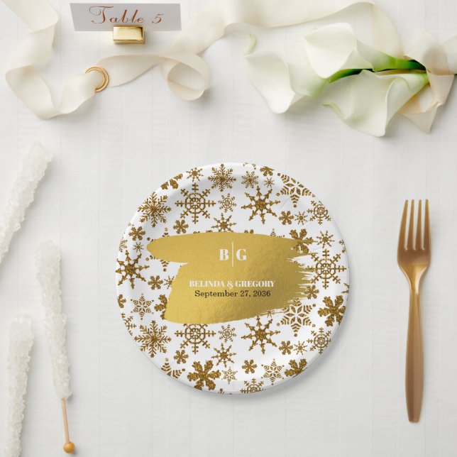 Golden Snowflakes Festive Christmas Wedding Paper Plate (Wedding)
