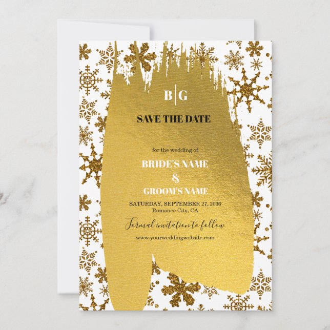Golden Snowflakes Festive Christmas Wedding Save The Date (Front)